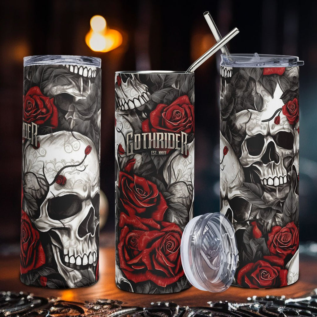 Skull with Roses 20oz Skinny Tumbler With Straw and Lid